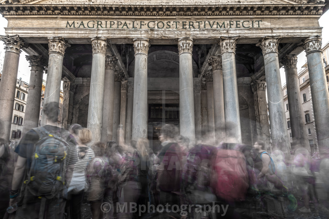 "Many moving tourists in front of the Pantheon, Rome" stock image