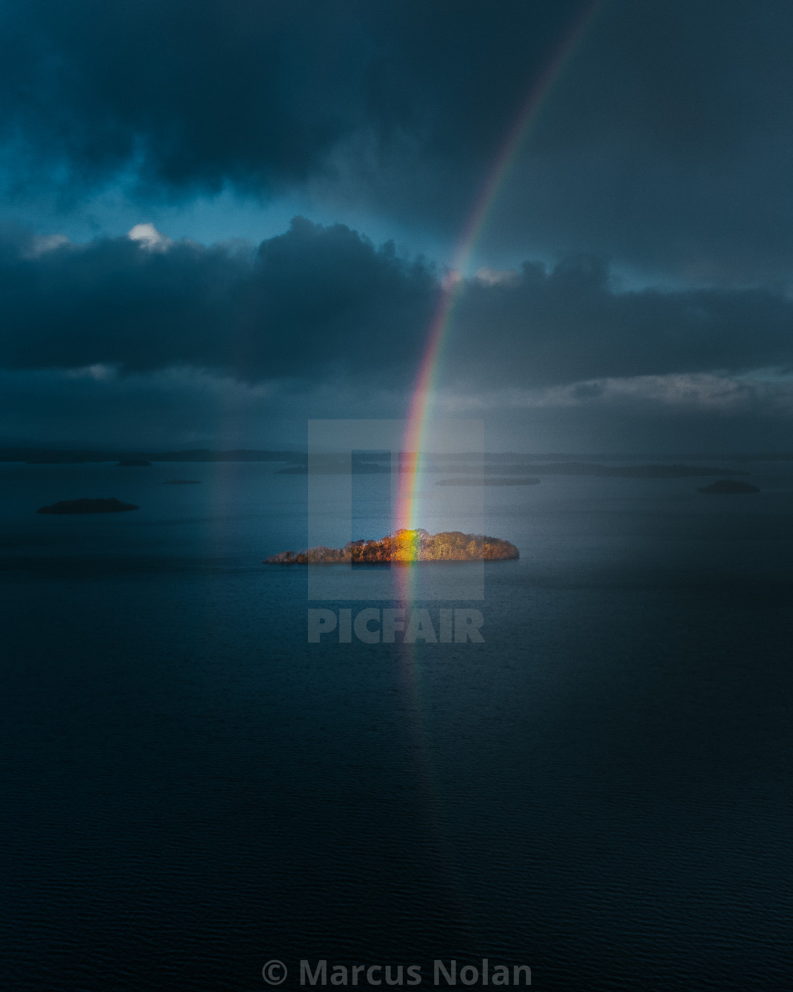 "Island at the end of a rainbow, Lough Corrib, Galway." stock image