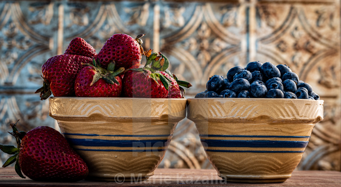 "Vintage kitchen berry bowls filled with strawberries and blueberries" by Marie Kazalia - $15.44 "Vintage kitchen berry bowls filled with strawberries and blueberries" stock image