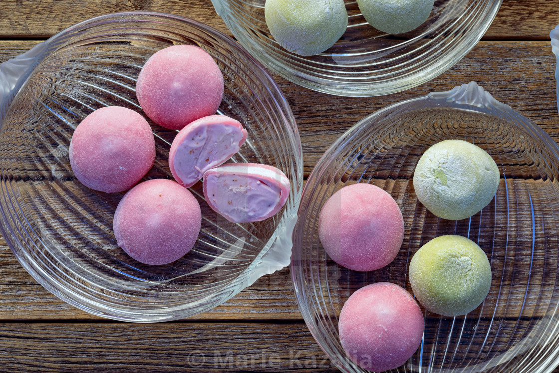 "strawberry flavor pink and matcha green tea mochi ice cream" by Marie Kazalia - $15.44 "strawberry flavor pink and matcha green tea mochi ice cream" stock image
