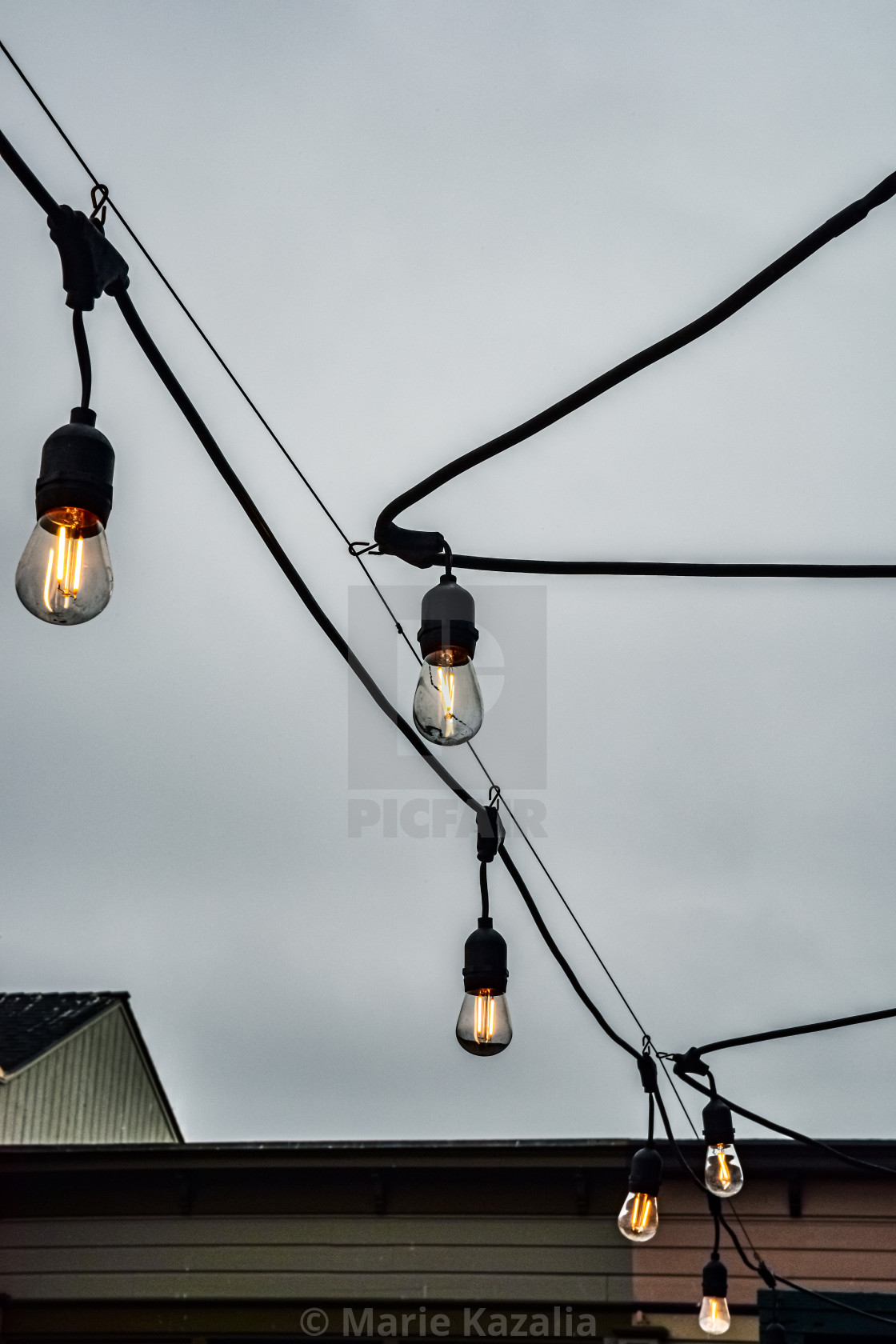"string of illuminated Edison lightbulbs hanging from electrical wires" by Marie Kazalia - $15.16 "string of illuminated Edison lightbulbs hanging from electrical wires" stock image