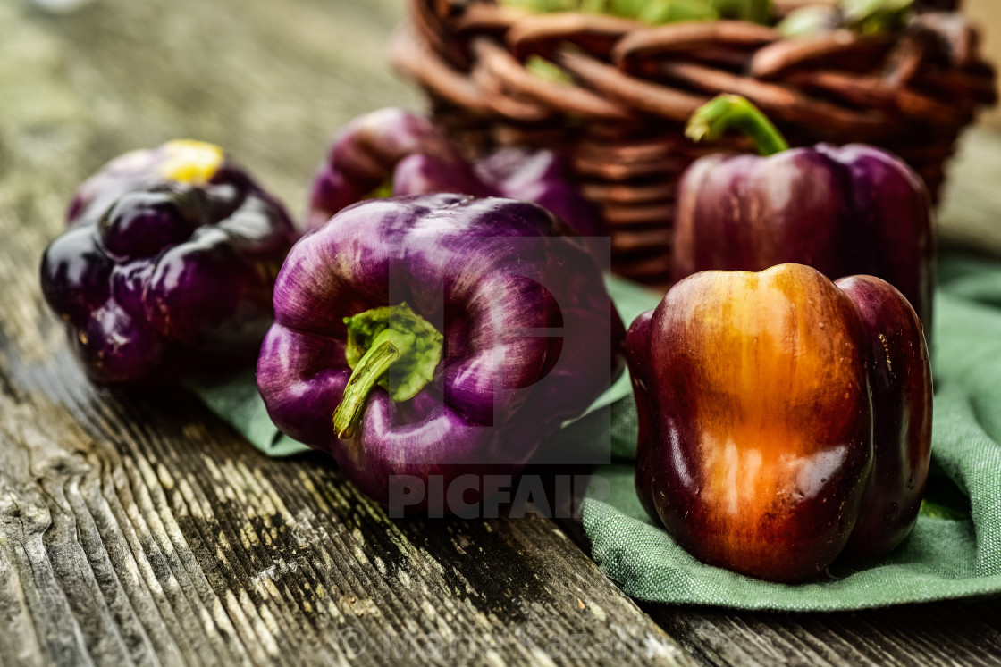"whole purple bell peppers on rustic wood tabletop" by Marie Kazalia - $15.16 "whole purple bell peppers on rustic wood tabletop" stock image