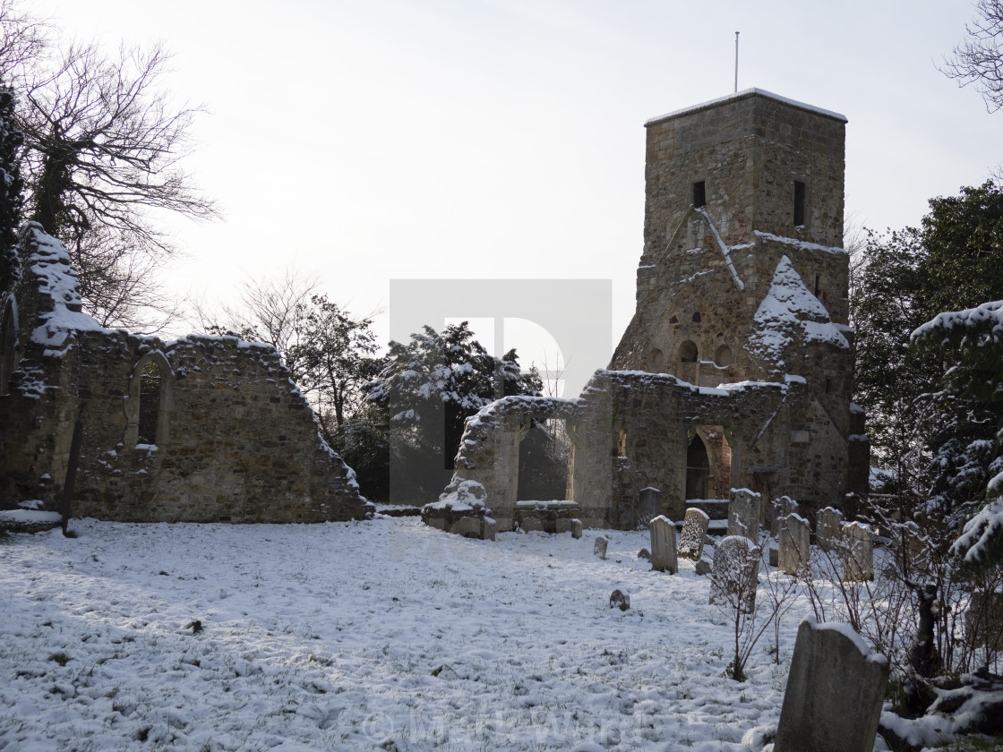 "Old St Helens Church of Hastings after the Snow." stock image