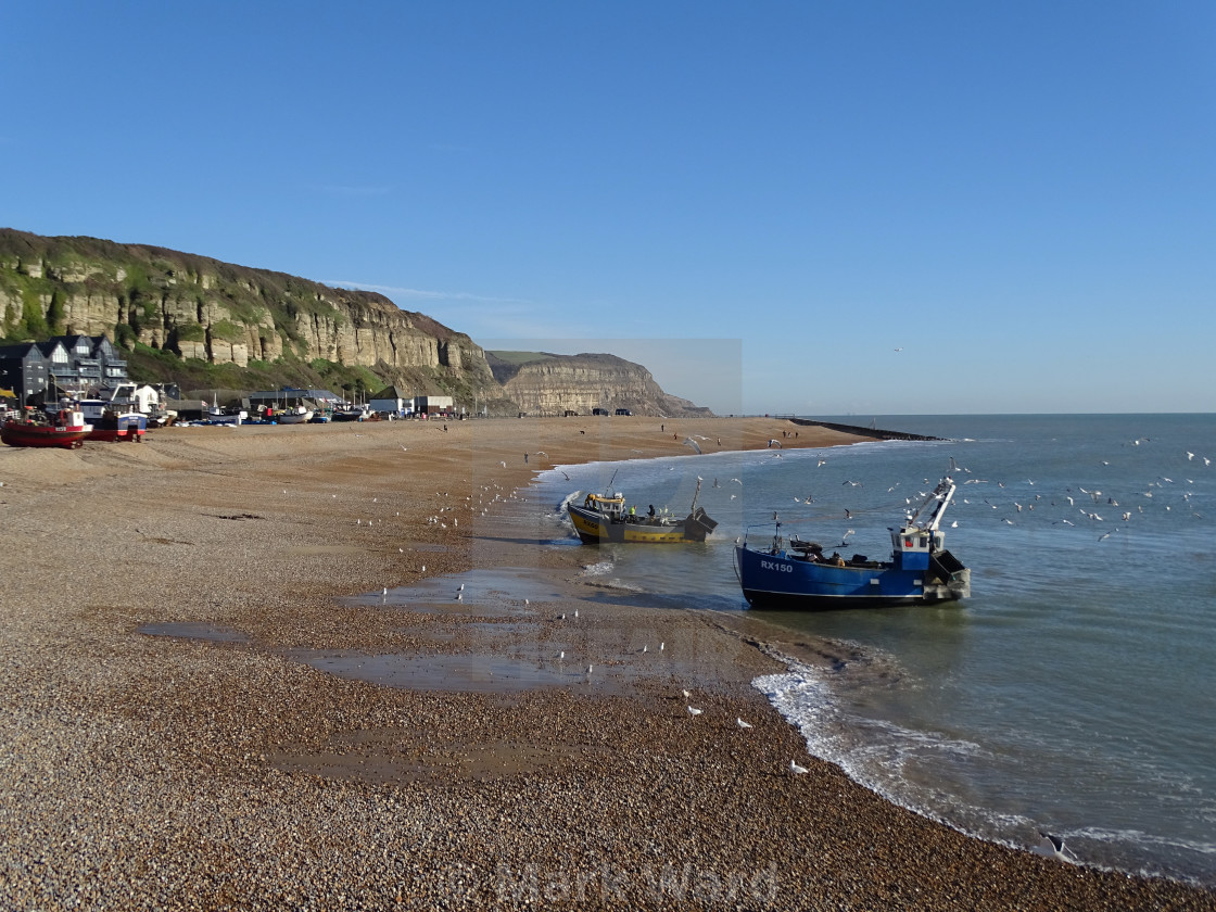 "The Fishermen Return to Hastings." stock image