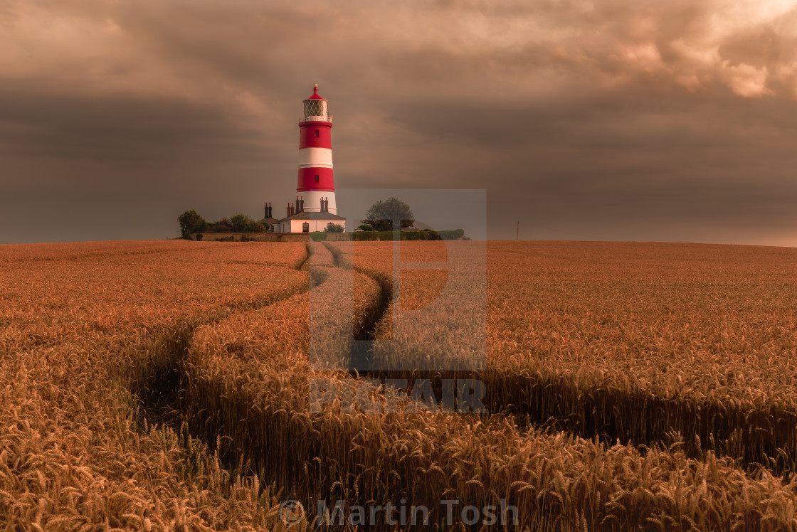 "'Guidance' Happisburgh lighthouse across wheat field and leading lines." stock image