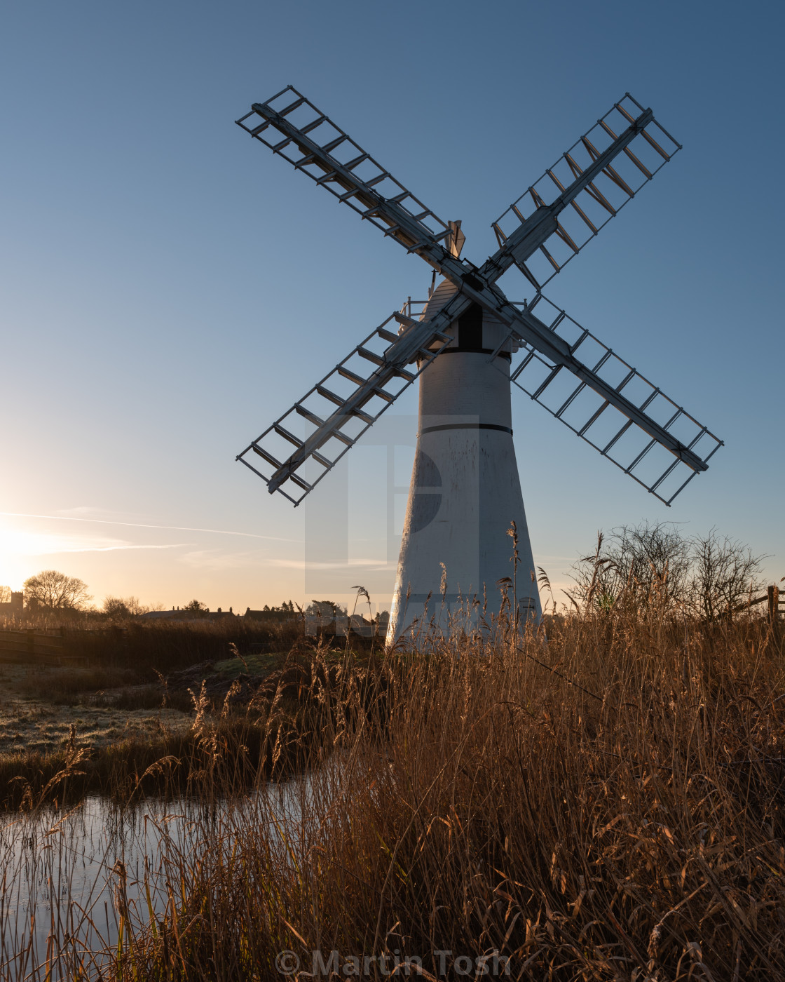 "Thurne windmill with sunlit reeds." stock image