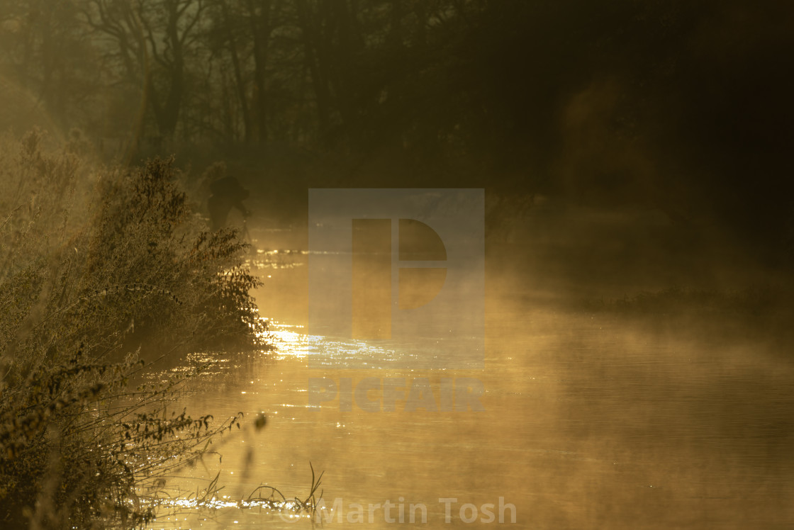 "Misty woodland riverside scene." stock image