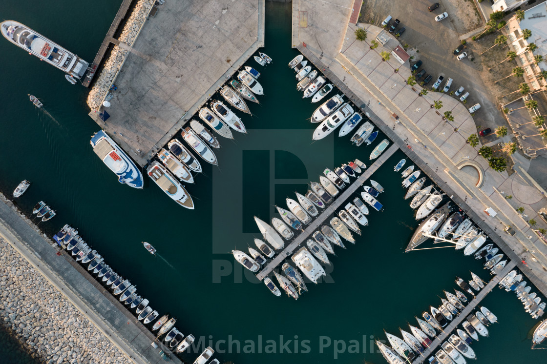 "Aerial view of fishing boats and tourist yachts moored at the marina. Latsi harbor Paphos Cyprus" stock image