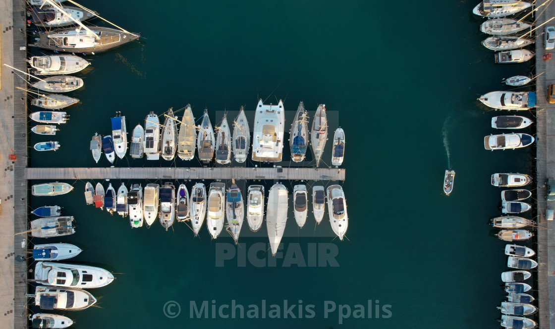 "Aerial view of fishing boats and tourist yachts moored at the marina. Latsi harbor Paphos Cyprus" stock image