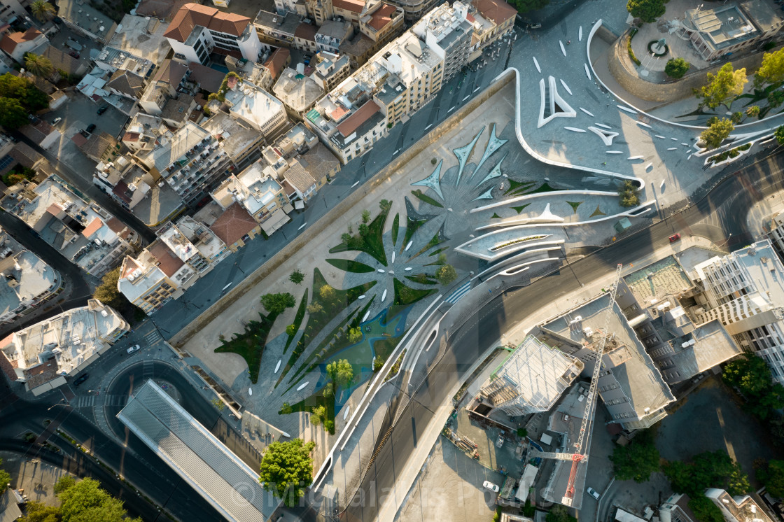 "Aerial view Nicosia cityscape the capital city of Cyprus and Eleftheria square with modern futuristic architecture." stock image