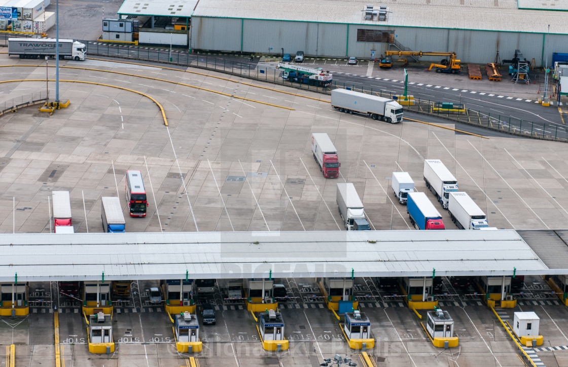 "Trucks on Dover docks station before the customs to tranfer goods to France." stock image