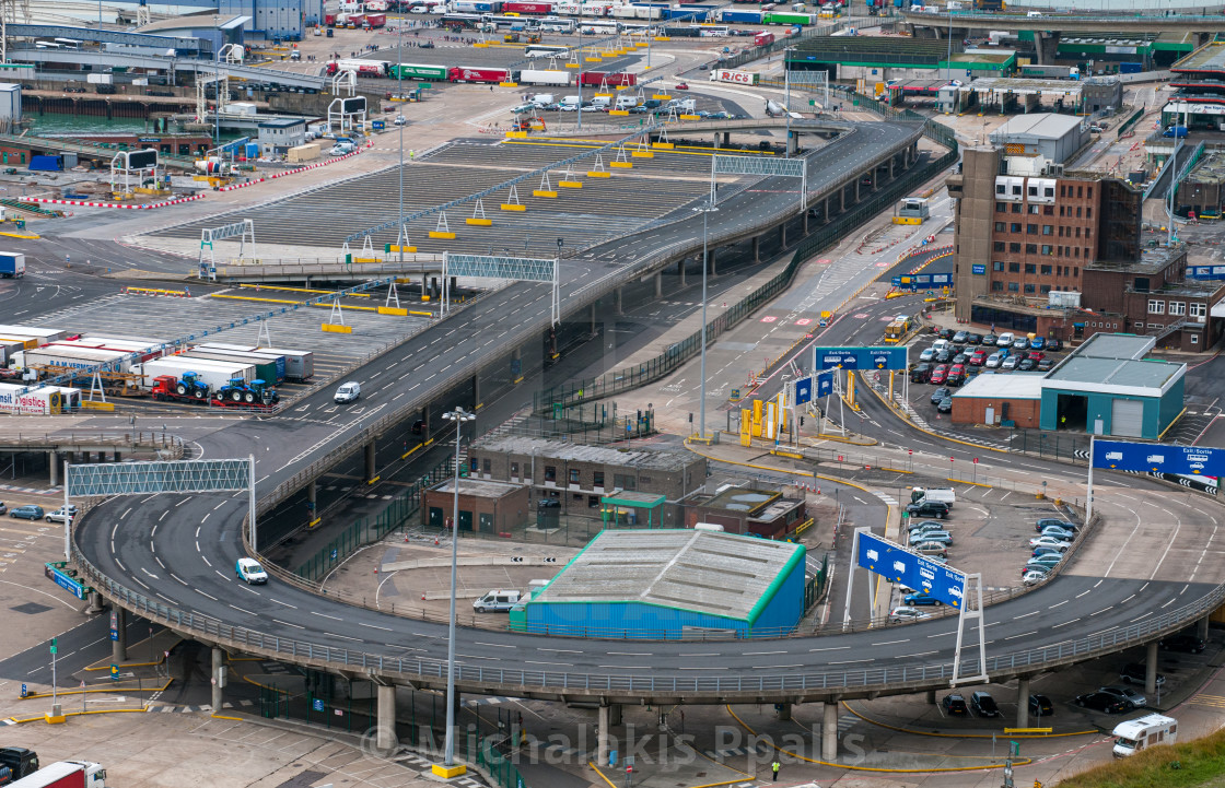 "Trucks on Dover docks station before the customs to tranfer goods to France." stock image