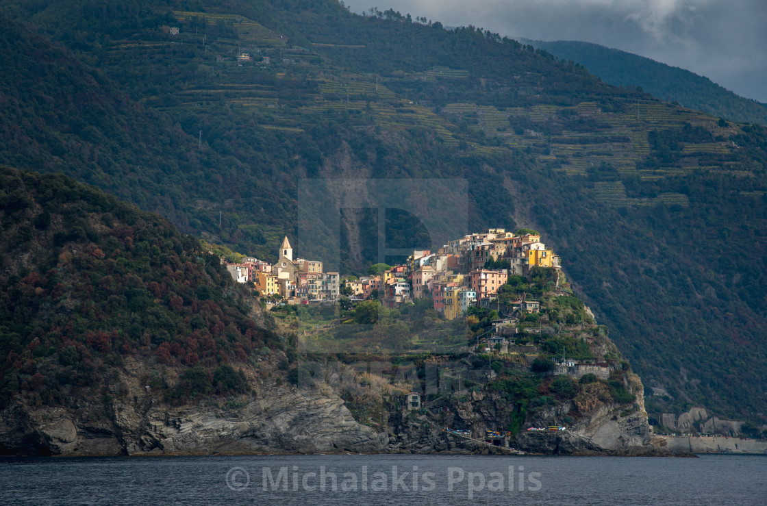 "Casa Belsito italian village of at the edge of a rocky cliff, Cinque Terre Liguria, Italy" stock image