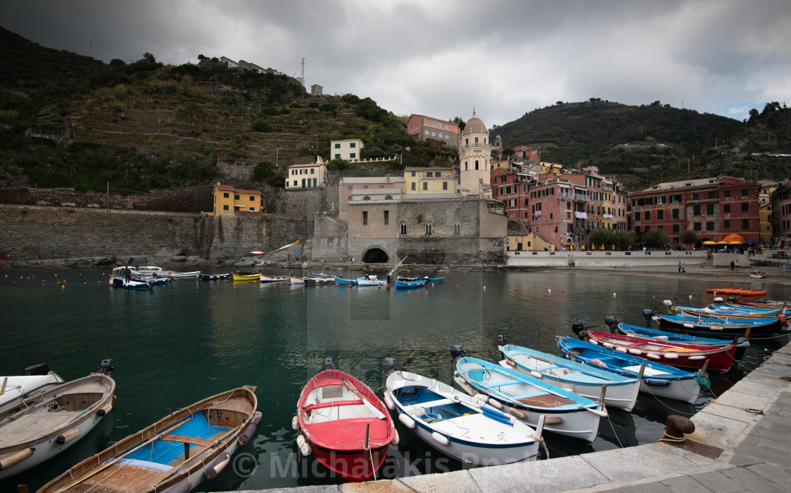 "Fishing port with boats at the Village of Vernazza Riomaggiore, Cinque Terre, Liguria, Italy" stock image