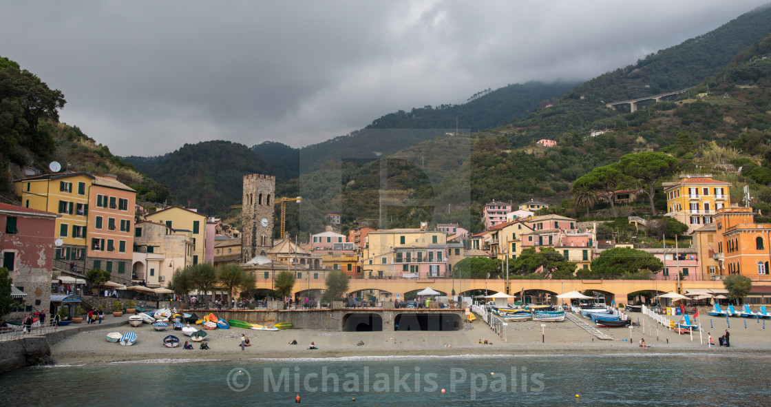 "The coastline of Monterosso touristic village at cinque terre, riomaggiore liguria, Italy" stock image