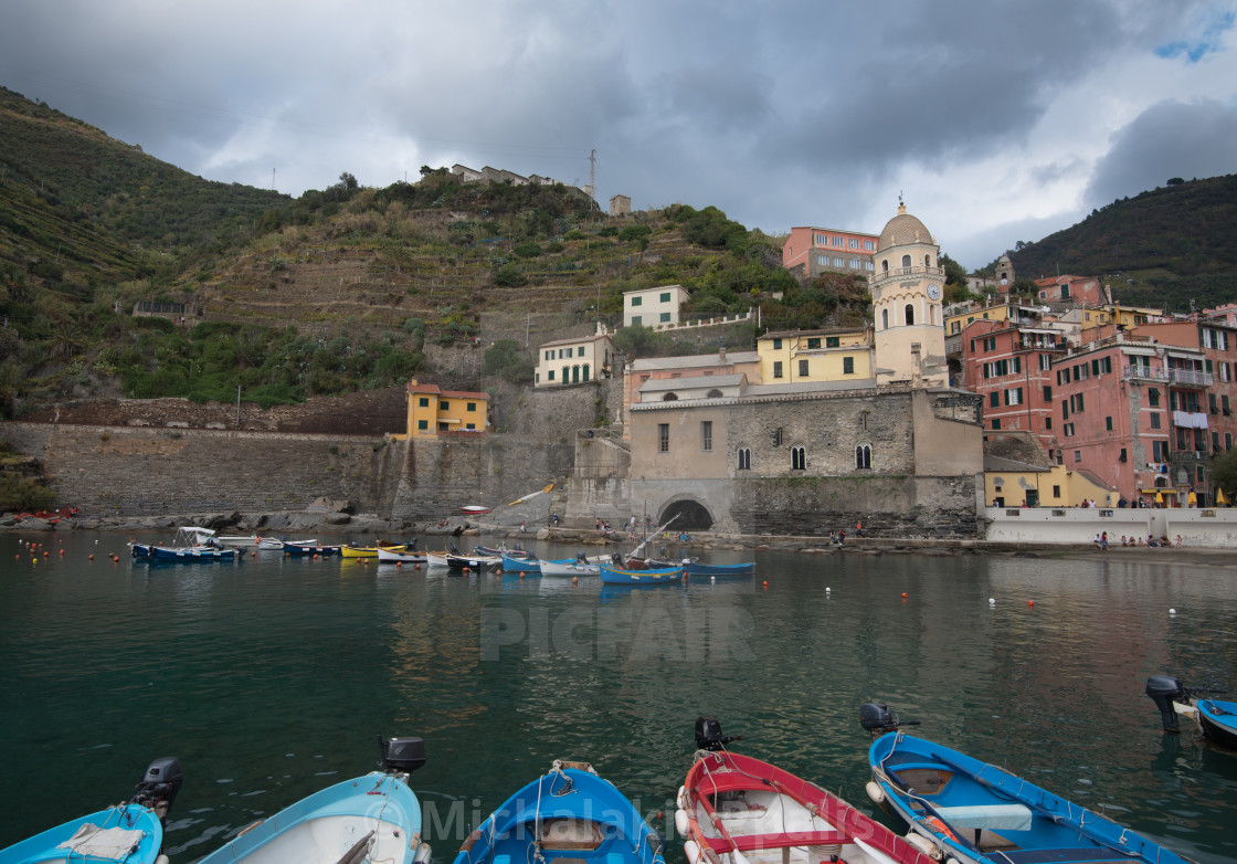 "Fishing port with boats at the Village of Vernazza Riomaggiore, Cinque Terre, Liguria, Italy" stock image