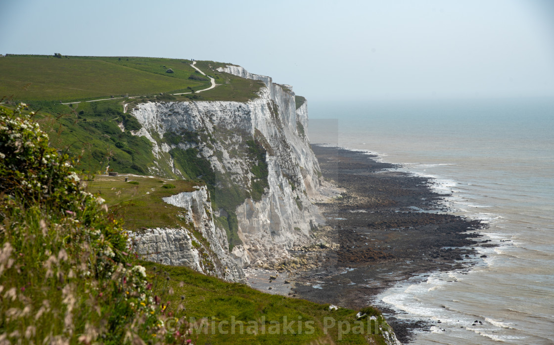 "White cliffs of Dover national trust park with footpath for hiking. White chalk cliffs and English channel." stock image