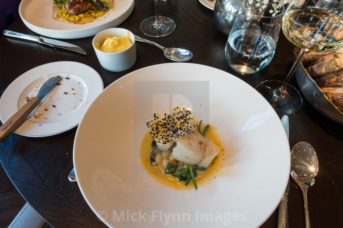 "Lunch dishes at the Roux at the landau in The Langham Hotel, UK." stock image