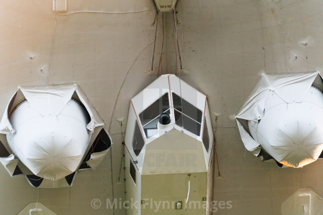 "Close up of the cockpit under the The Hybrid Air Vehicles Airlander 10 in flight" stock image