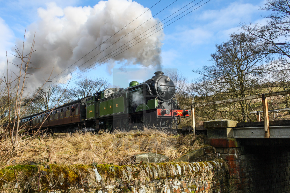 "Steam train, locomotive GNR 1744 on the Keighley and Worth Valley Steam..." stock image
