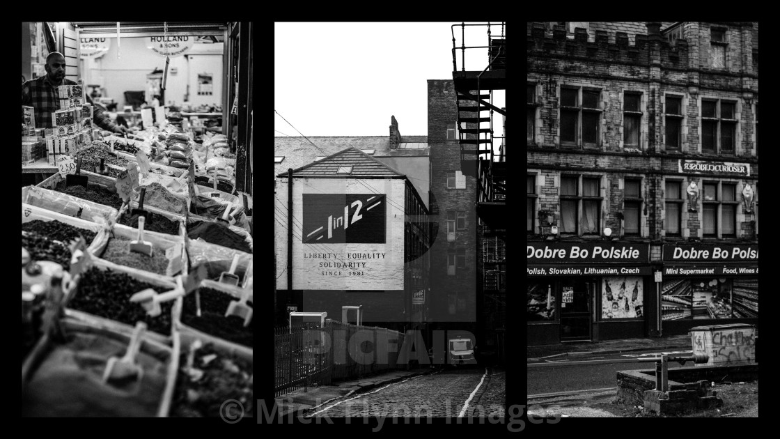 "Black and white collage of gritty urban and industrial scenes from Bradford,..." stock image