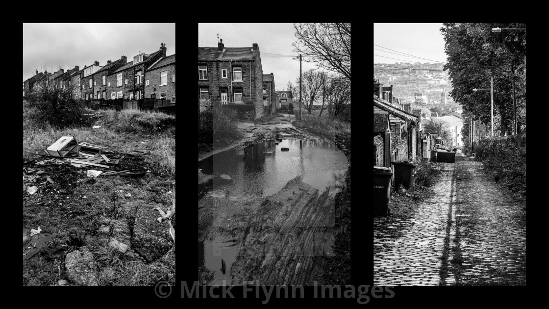 "Black and white collage of gritty urban and industrial scenes from Bradford,..." stock image