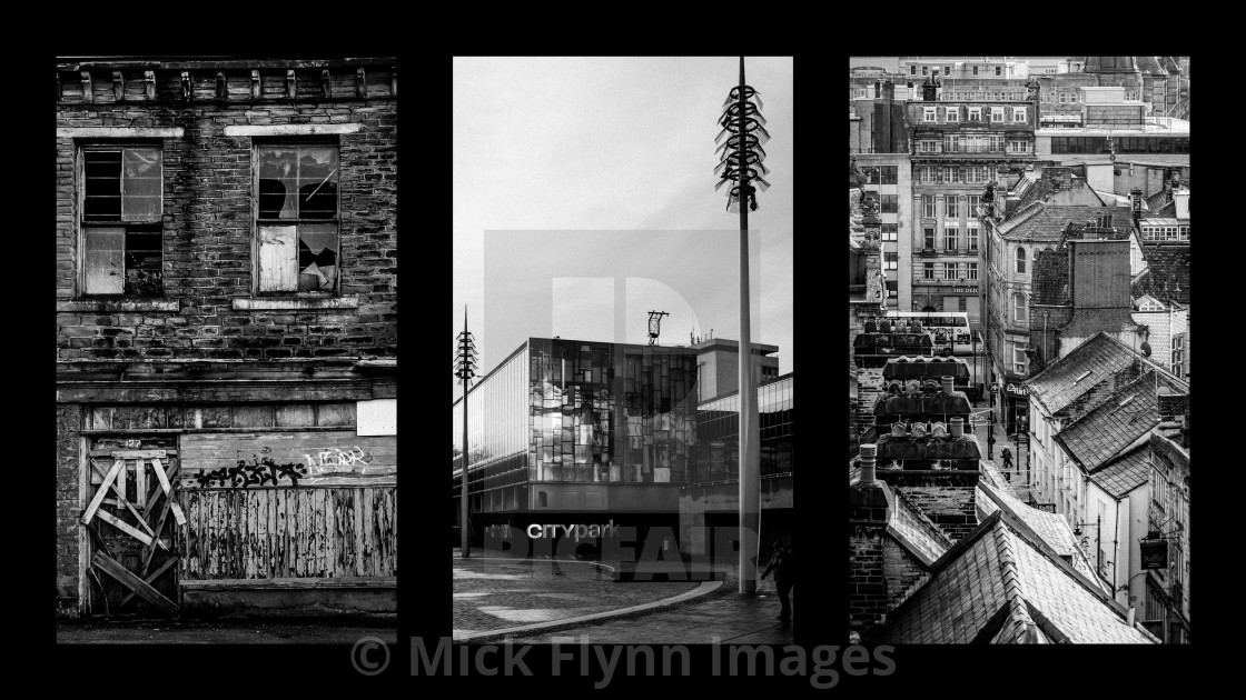 "Black and white collage of gritty urban and industrial scenes from Bradford,..." stock image