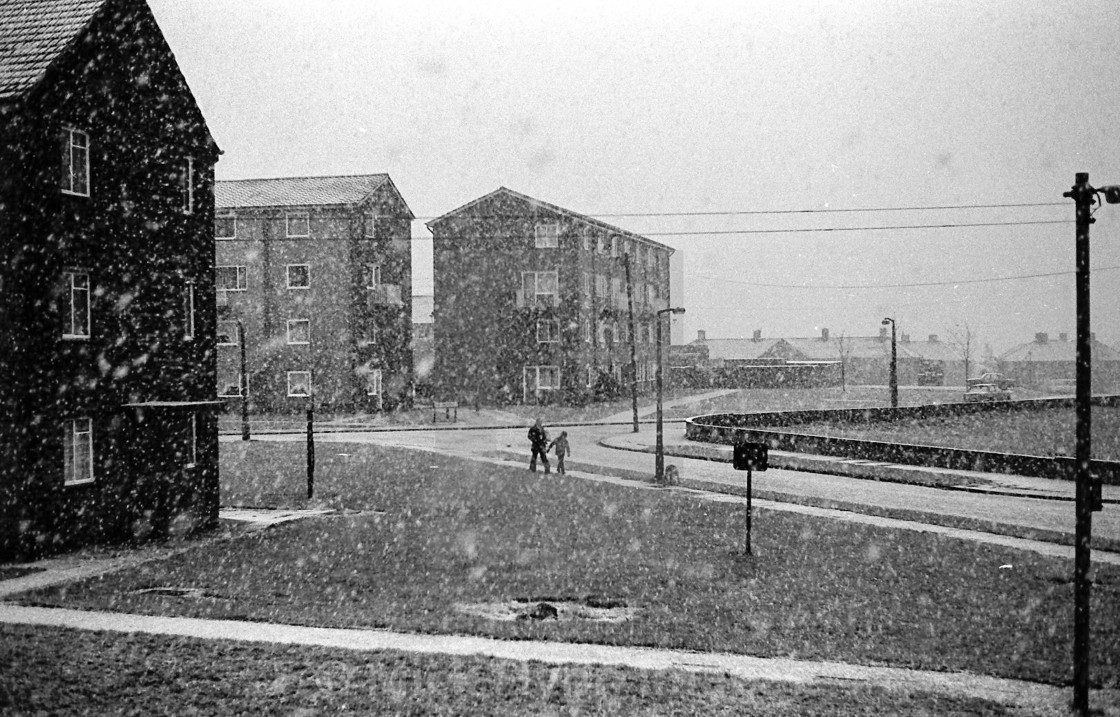 "The Crescent, Buttershaw Estate, Bradford, West Yorkshire UK winter 1982." stock image