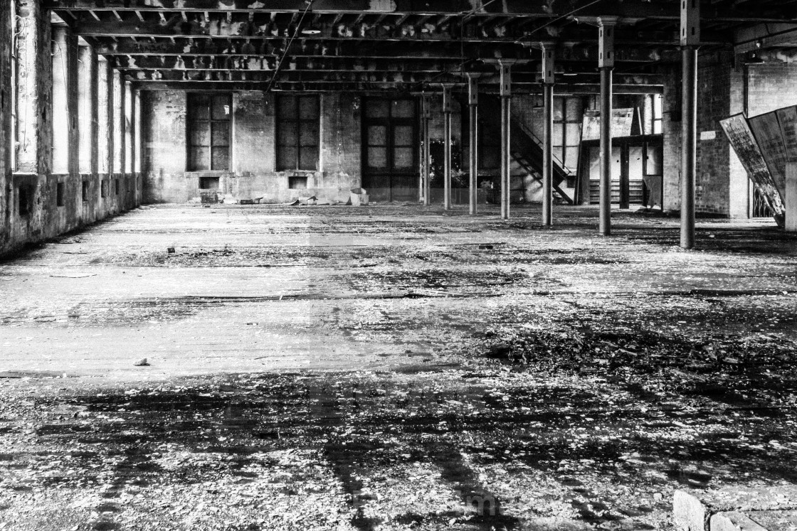 "Thompsons Mill, Fulton Street, Tetley Street, Thornton Road Bradford, West Yorkshire. Interior view. An image from my series 'Monochrome Mill Town', black and white studies of around the northern Wool City of Bradford, West Yorkshire." stock image