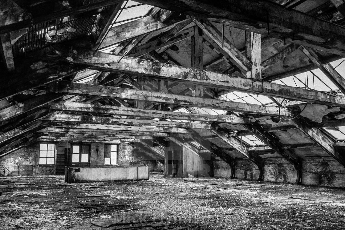 "Thompsons Mill, Fulton Street, Tetley Street, Thornton Road Bradford, West Yorkshire. Interior view. An image from my series 'Monochrome Mill Town', black and white studies around the northern Wool City of Bradford, West Yorkshire." stock image