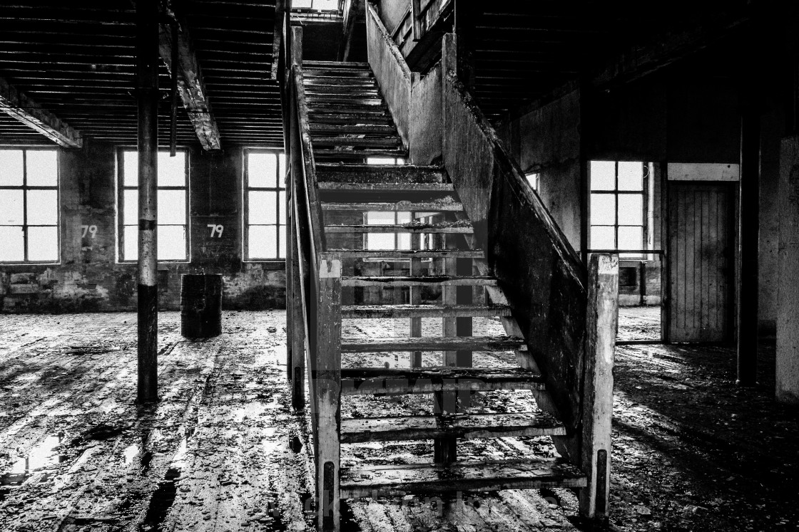 "Thompsons Mill, Fulton Street, Tetley Street, Thornton Road Bradford, West Yorkshire. Interior view. An image from my series 'Monochrome Mill Town', black and white studies around the northern Wool City of Bradford, West Yorkshire." stock image