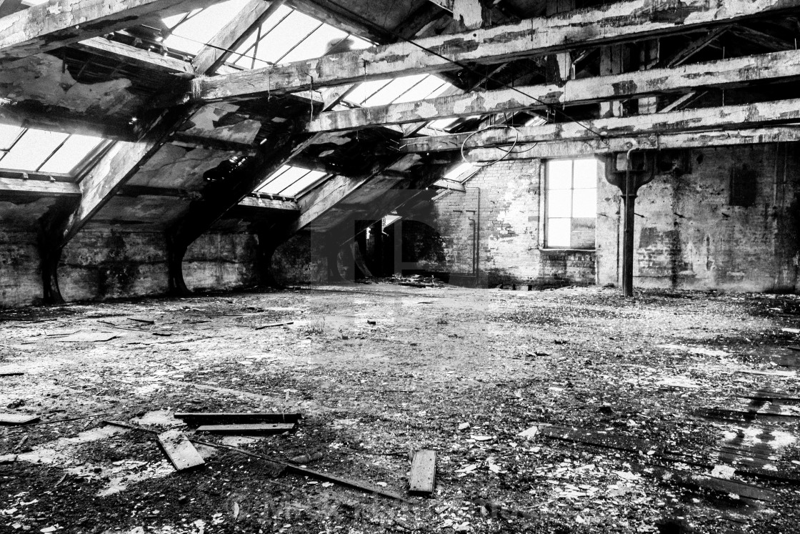 "Thompsons Mill, Fulton Street, Tetley Street, Thornton Road Bradford, West Yorkshire. Interior view. An image from my series 'Monochrome Mill Town', black and white studies around the northern Wool City of Bradford, West Yorkshire." stock image