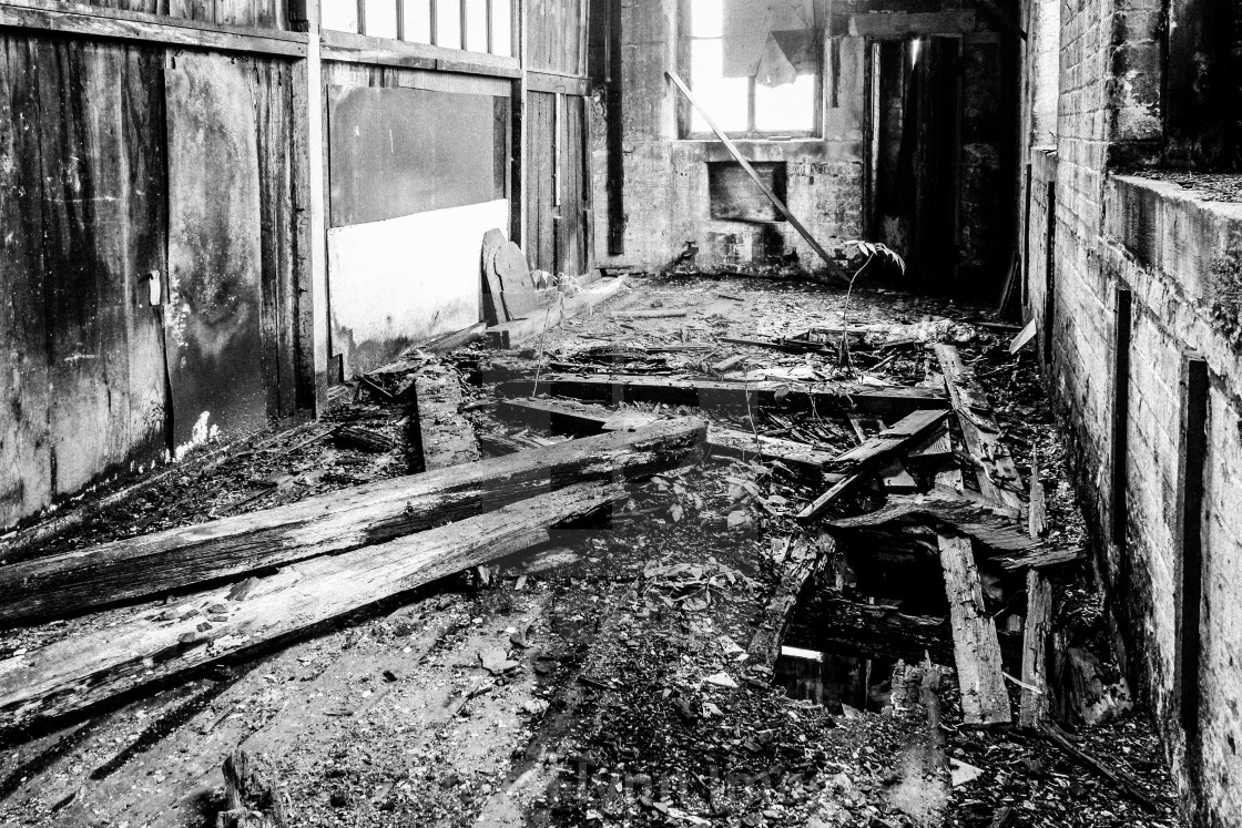 "Thompsons Mill, Fulton Street, Tetley Street, Thornton Road Bradford, West Yorkshire. Interior view. An image from my series 'Monochrome Mill Town', black and white studies around the northern Wool City of Bradford, West Yorkshire." stock image