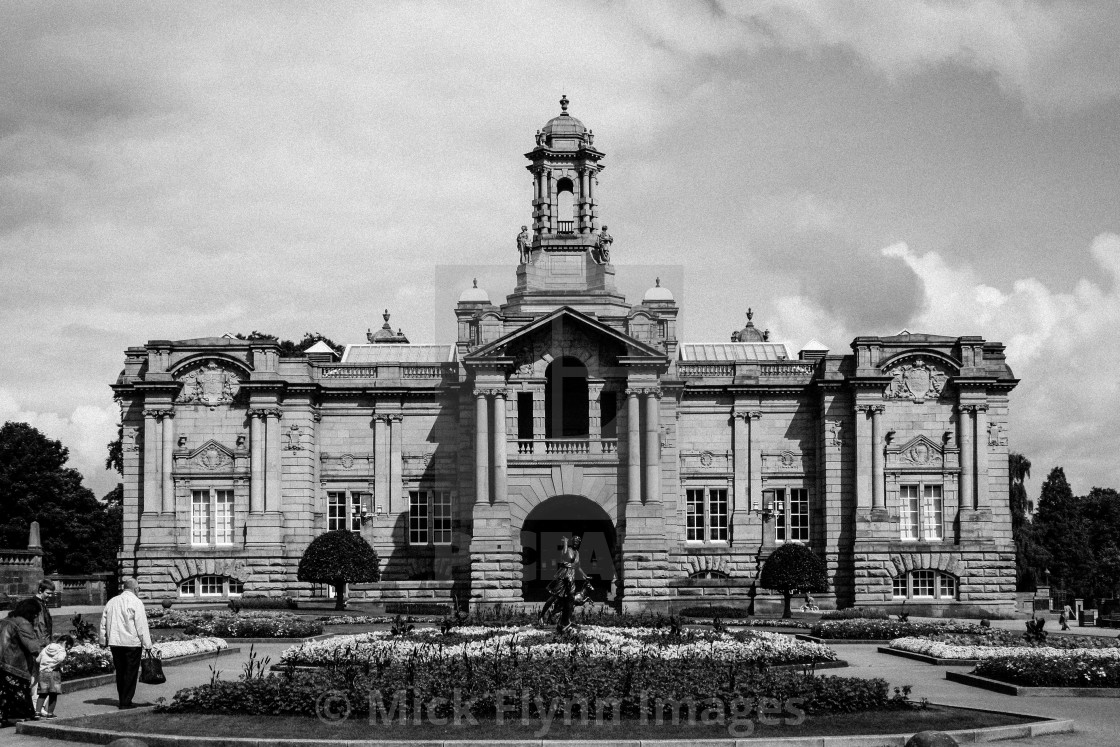 "Cartwright Hall, Bradford, West Yorkshire. An image from my series 'Monochrome Mill Town', black and white studies around the northern Wool City of Bradford, West Yorkshire." stock image