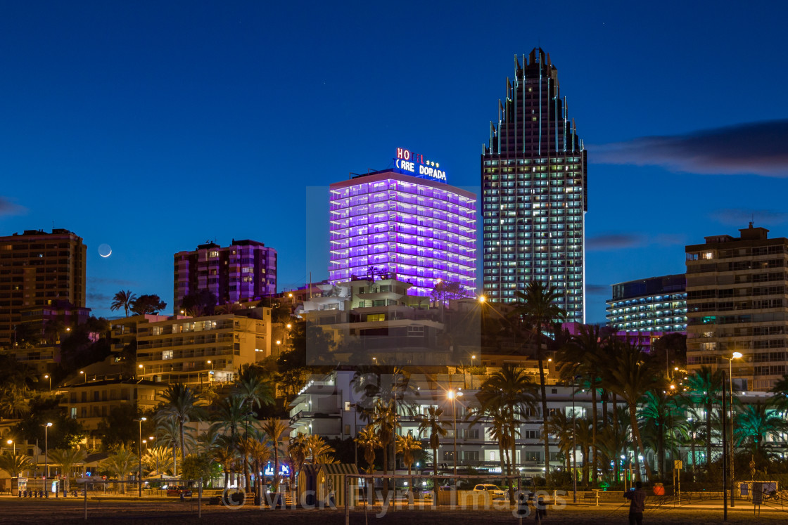 "Hotel Gran Bali and the Hotel Torre Dorada in Benidorm, Spain at night" stock image