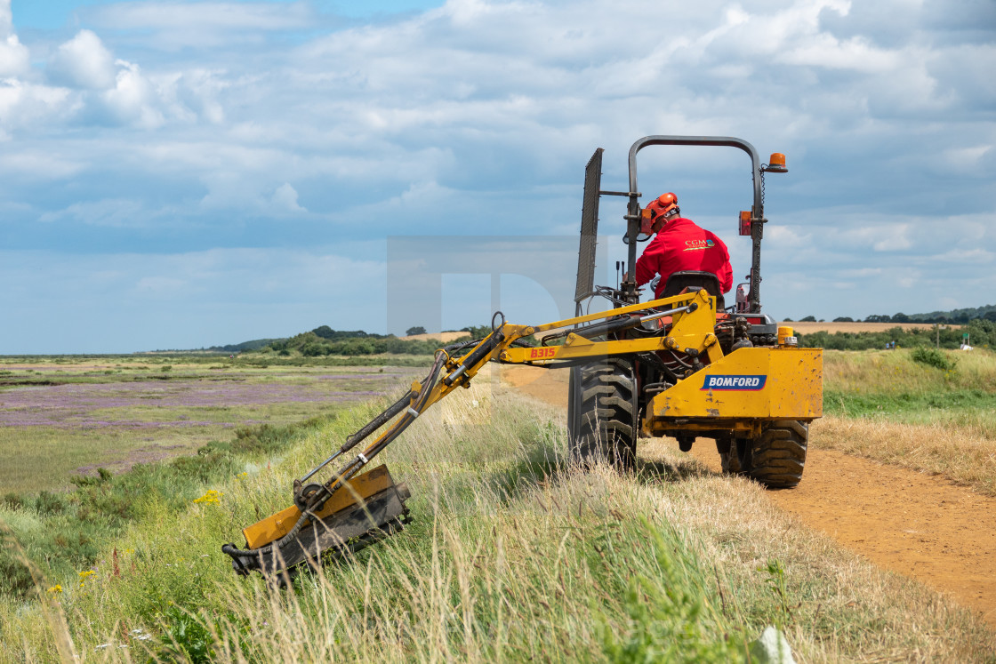 "Man using a ride on machine to cut grass beside a coastal footpath in..." stock image