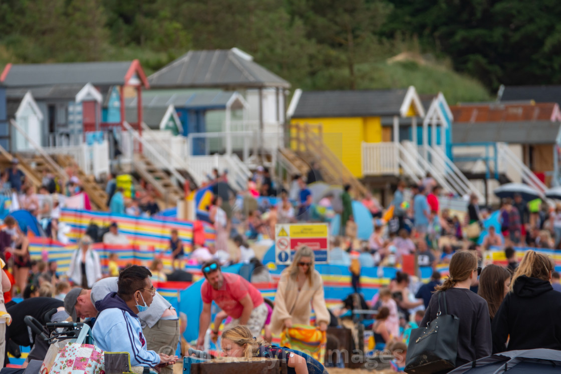 "Wells-next-the-sea North Norfolk, UK, families on the crowded beach with..." stock image