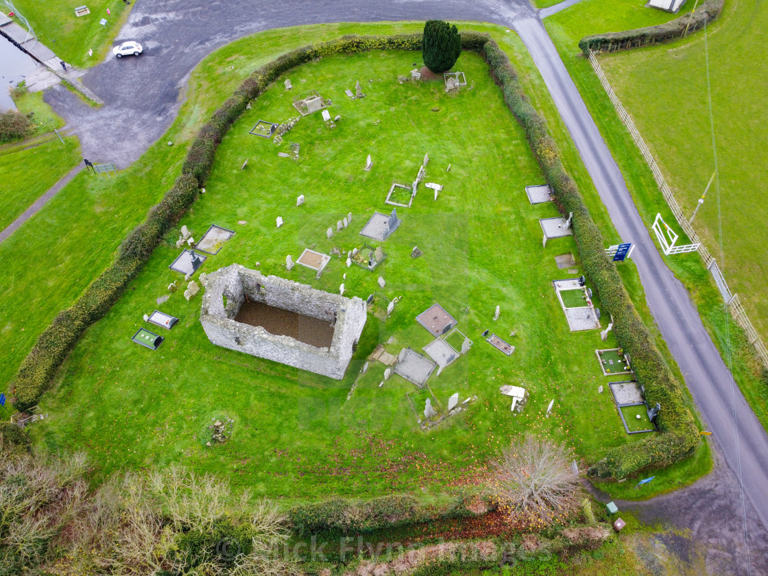 "The ruins of a 13th century Church at Cranfield and St Olcan's Shrine on the..." stock image