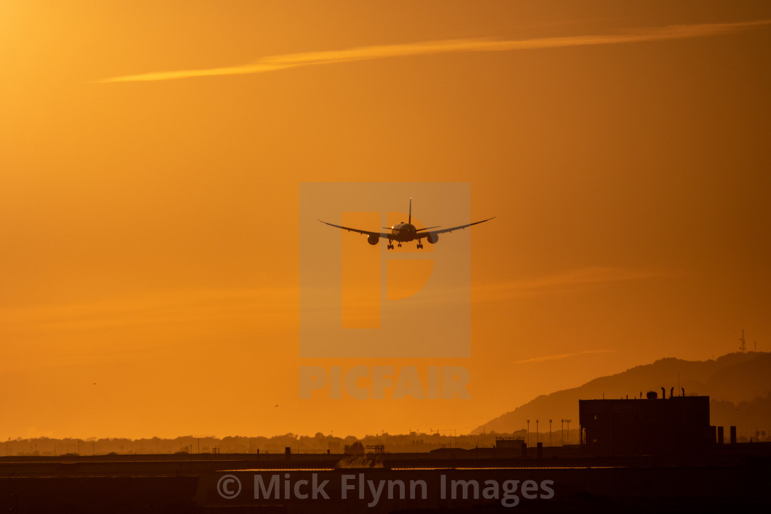 "Twin engined jet landing in Barcelona Airport at sunset, grainy shot with birds." stock image