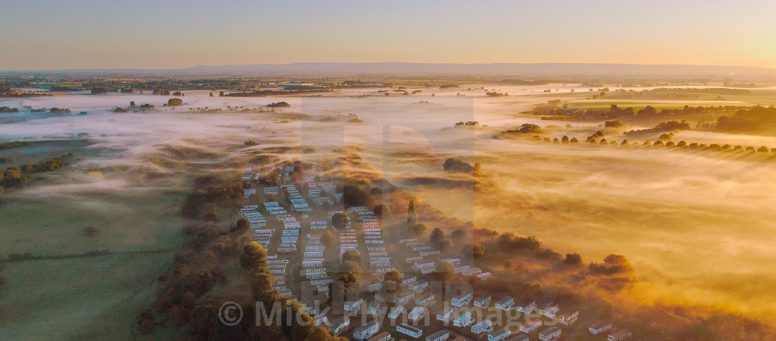 "Misty morning aerial view of Riverside Meadows, Ripon, North Yorkshire" stock image