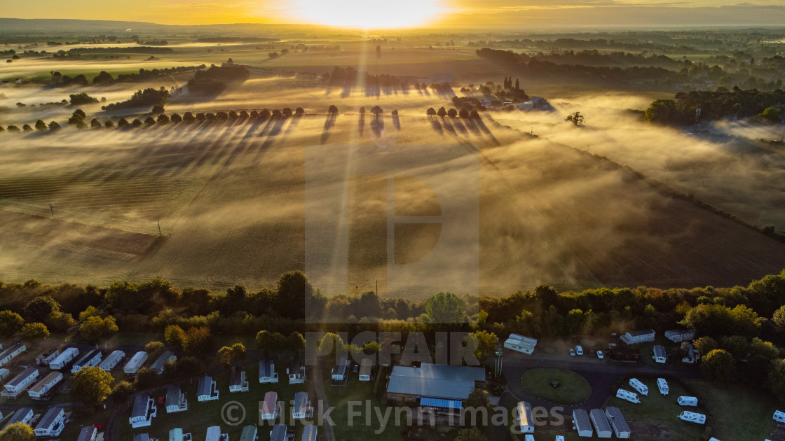 "Misty morning aerial view of Riverside Meadows, Ripon, North Yorkshire" stock image