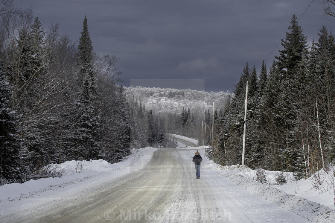 "A road in winter in Val David, Quebec" stock image