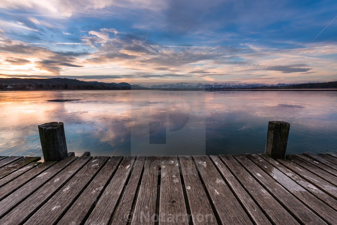 "Sunset at lake Pfäffikon (ZH) on the jetty lake" stock image