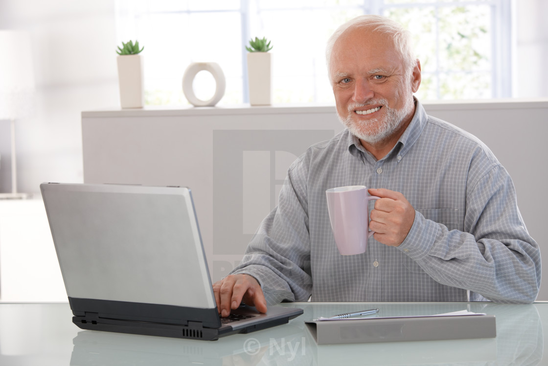 "Mature man with computer smiling" stock image