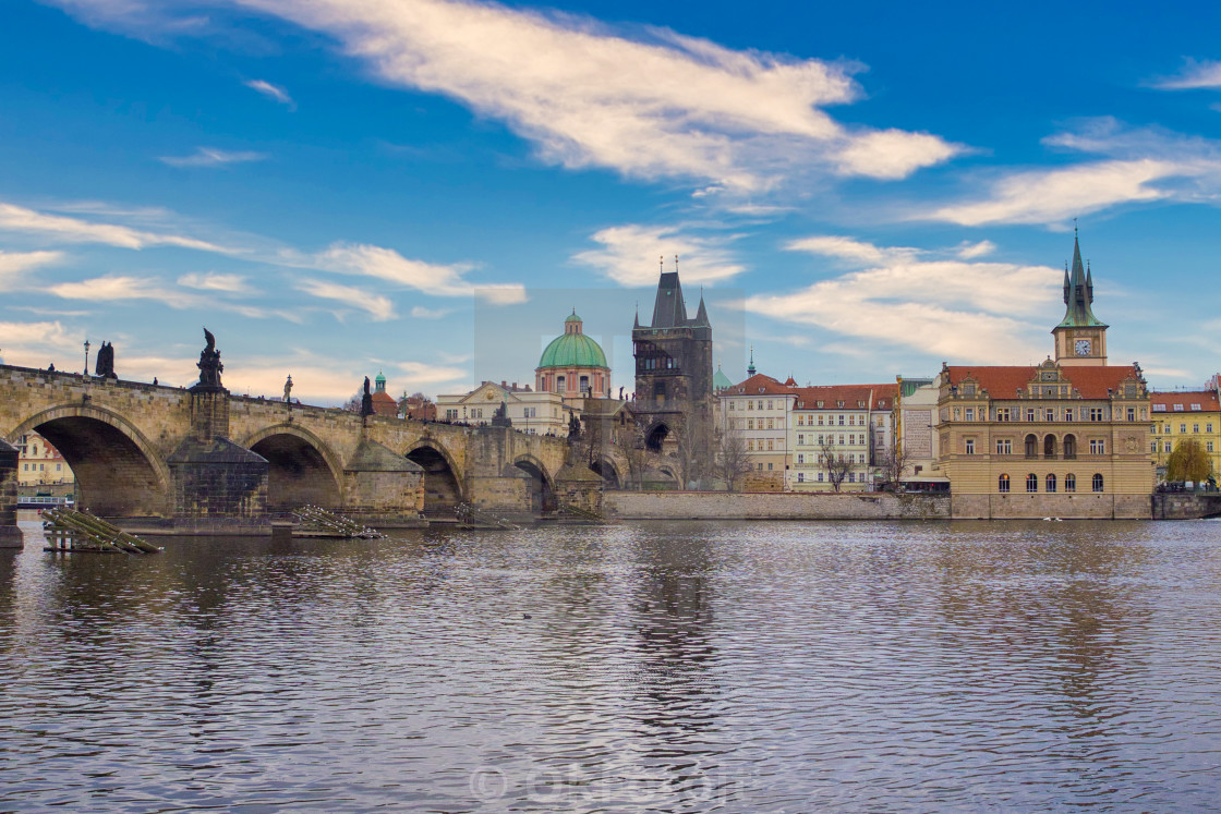 "Sunny view of Old Prague bridge and river" stock image