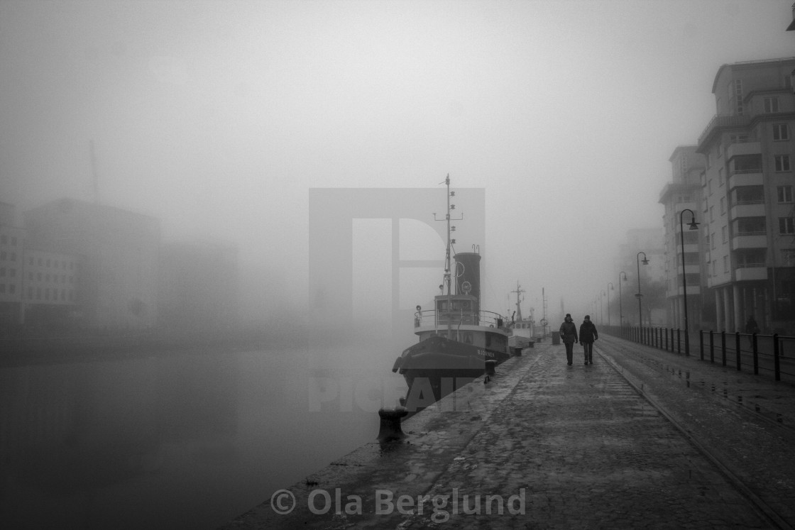 "Foggy day at Hammarbyhamnen." stock image