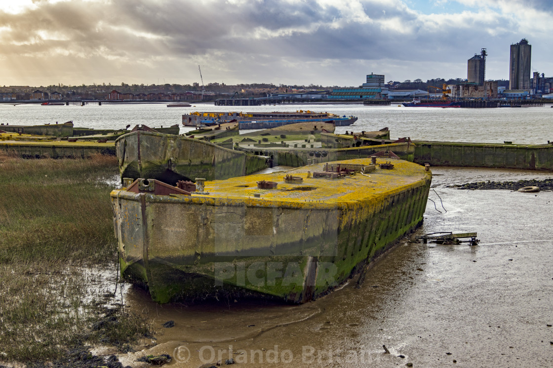 "Concrete Barges - Rainham Marshes" by Orlando Britain - $31.07 "Concrete Barges - Rainham Marshes" stock image