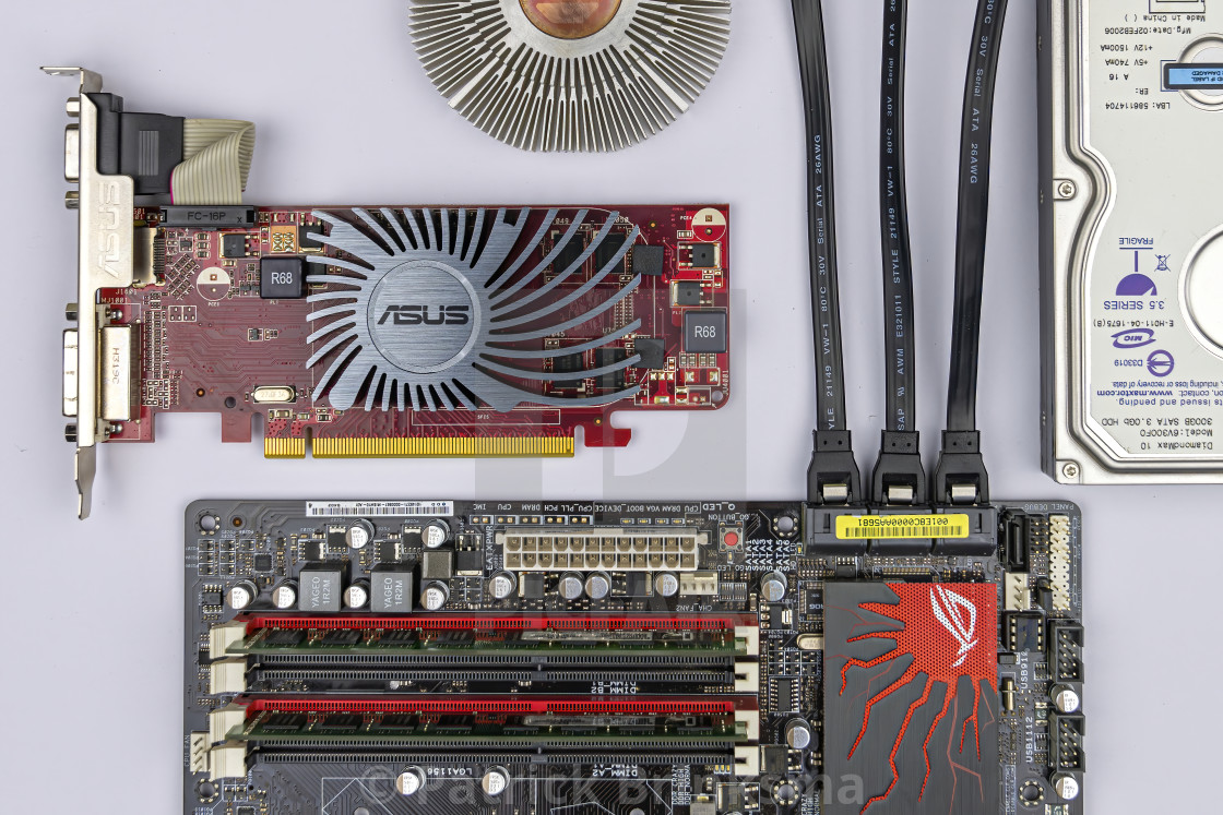 "Computer Parts: Motherboard, Graphics Card, Hard Drive" stock image