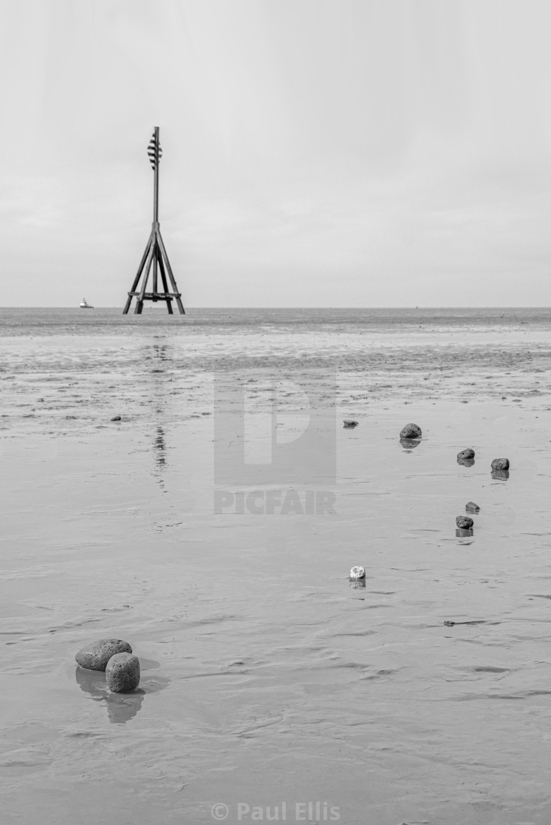 "Cable Marker and Pebbles, Crosby Beach" stock image