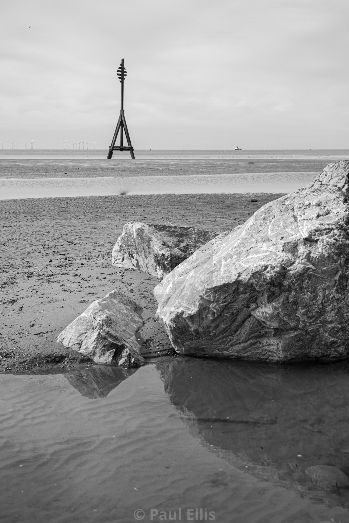 "Rocks and Cable Marker, Crosby Beach" stock image